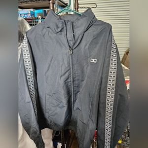 Obey Worldwide Eyes Logo Striped Sleeve Gray Track Jacket Men Large Zip Front